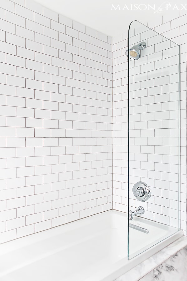 shower with white subway tile and delorean gray grout | Maison de Pax