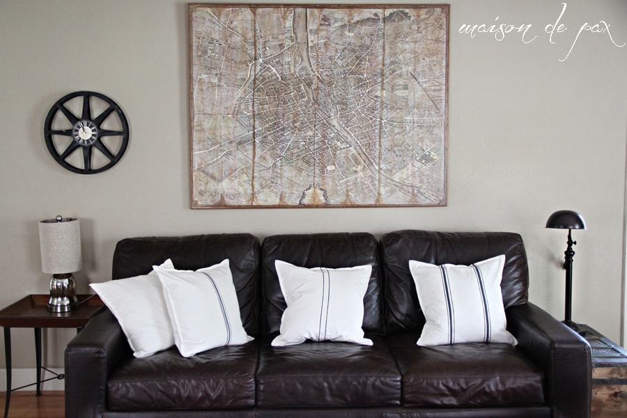 Find out how to make beautiful "grain sack" pillow covers for just $4 at maisondepax.com! #paint #diy #ikea #hack