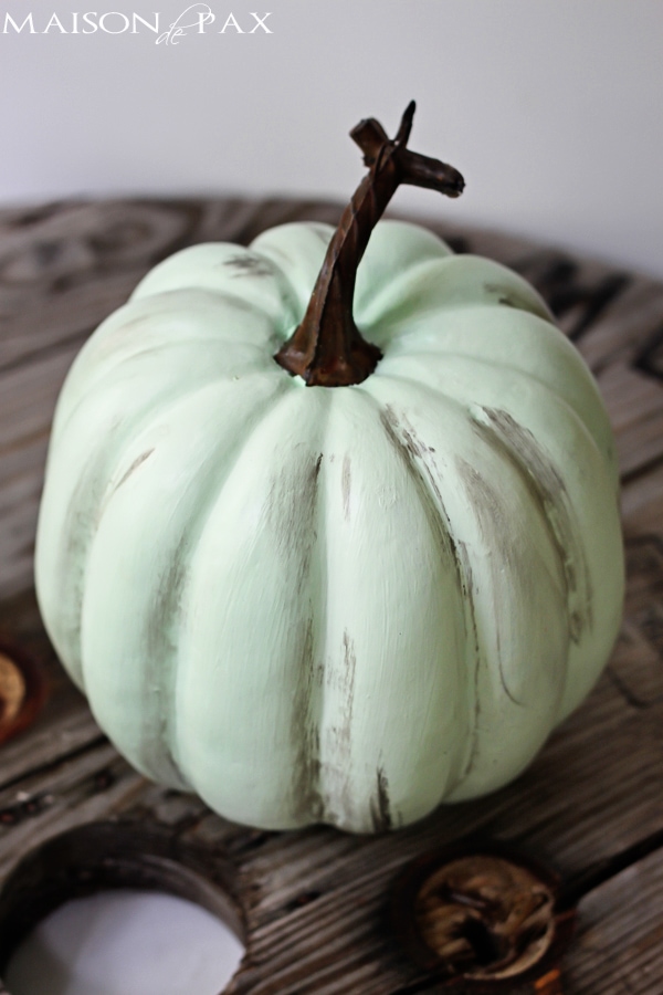Try this paint and wax technique to make plastic pumpkins look like real heirloom pumpkins via maisondepax.com #fall #paint #diy