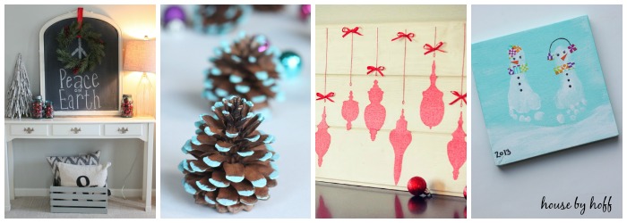 Painted pine cone, chalkboard and Christmas cards.