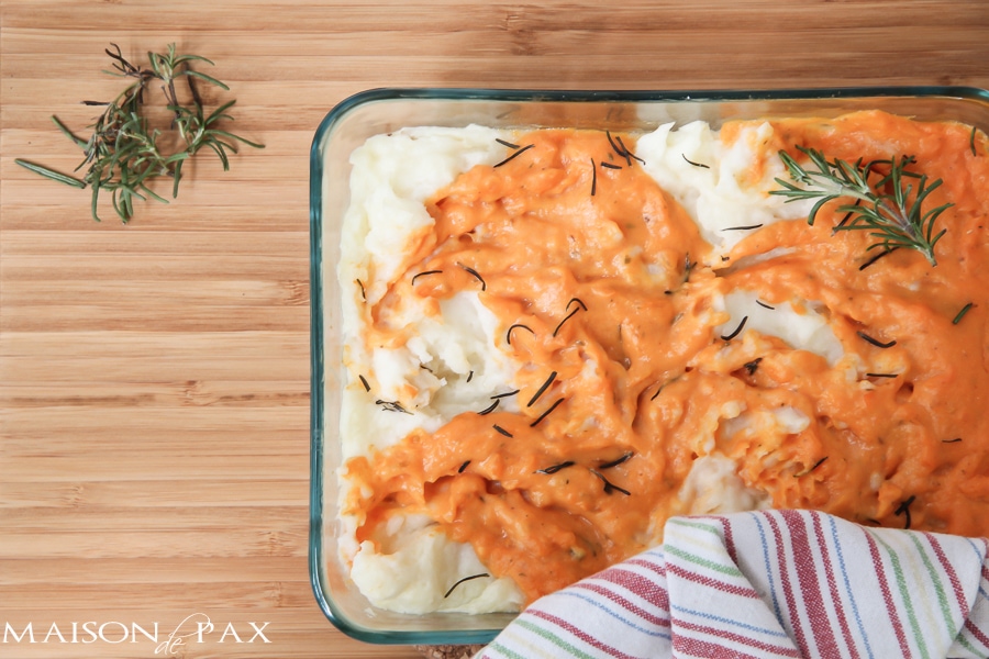Deliciously seasoned sweet and golden potatoes. Swirled. Baked. You'll never make two separate dishes again! via maisondepax.com #recipe #mashed #potatoes #sweet #thanksgiving #fall