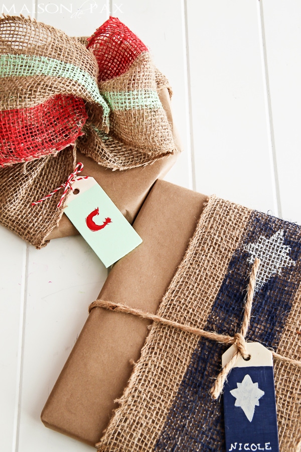 Brilliant! Painted burlap, craft paper, and wood tags make beautiful gift wrap for any occasion | via maisondepax.com 