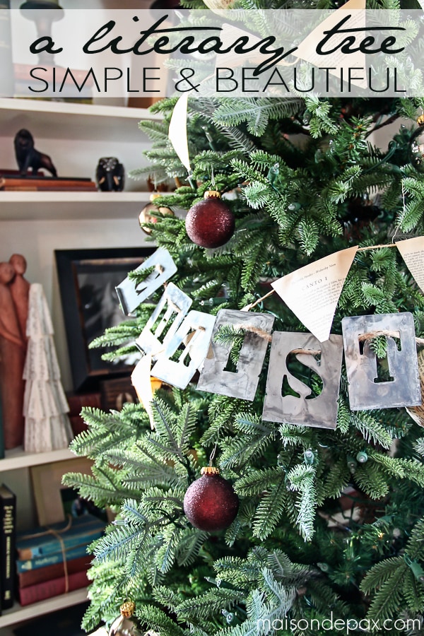 Love this simple Christmas tree decorating idea! Book page bunting and ornaments with stenciled words... Simple and beautiful! via maisondepax.com