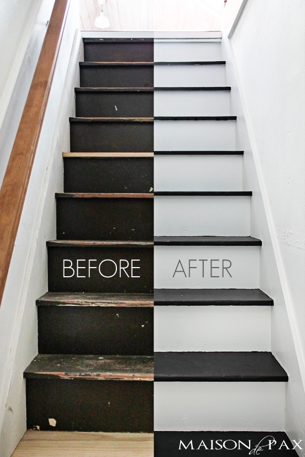 Totally transformed by paint! Gorgeous, simple black and white painted staircase | maisondepax.com