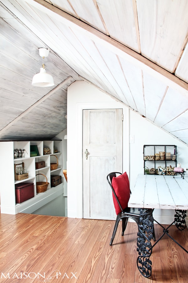 a scary old attic is converted into a gorgeous guest room and office with whitewashed planks and tons of light - wonderful diy tutorials from www.maisondepax.com