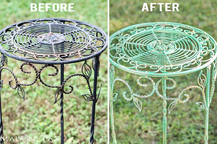 Turn an old rusty plant stand into a gorgeous side table with this patina tutorial via maisondepax.com #upcycle #diy