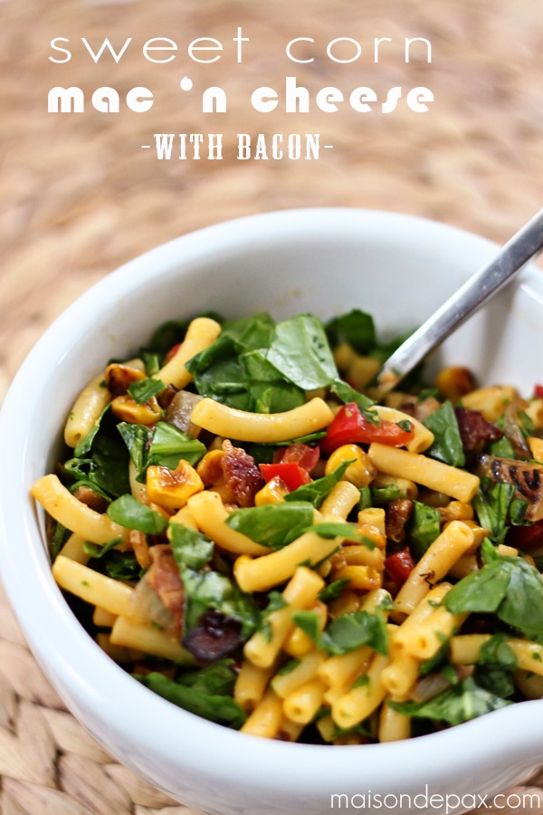 Quick and easy dinner recipe: macaroni and cheese with sweet sauteed veggies and bacon - maisondepax.com
