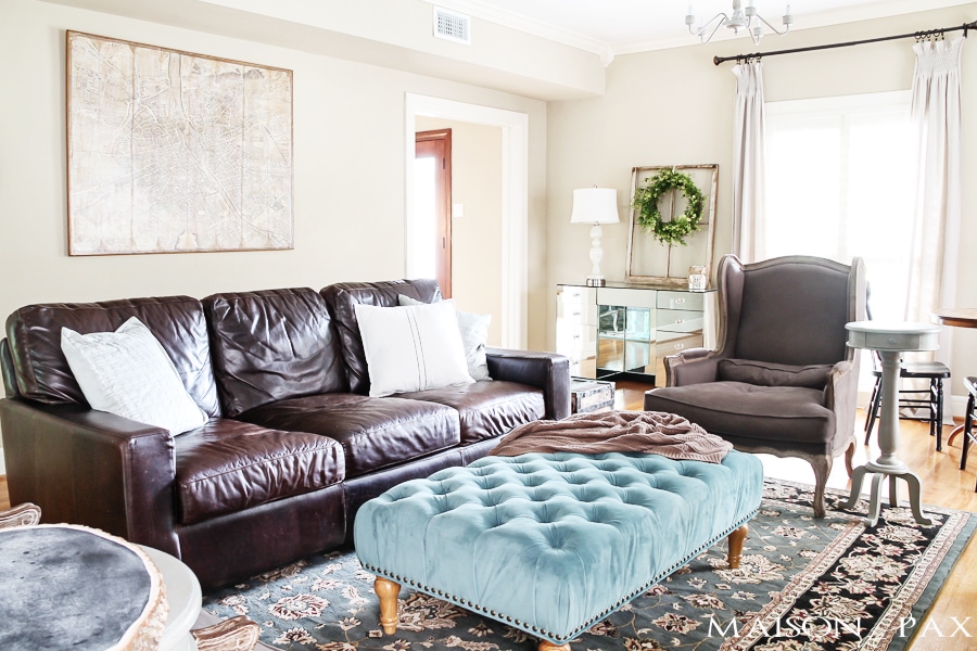 gorgeous neutral living room with blue and turquoise accents: mix of antiques, affordable pieces, and diy ideas | maisondepax.com