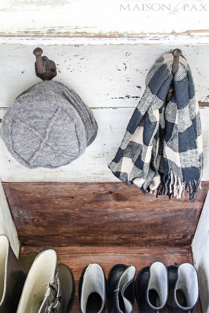 create a gorgeous, functional entryway with an antique wood firebox used as a mini mudroom... get the plans to build this diy planked "antique" firewood box here! | maisondepax.com