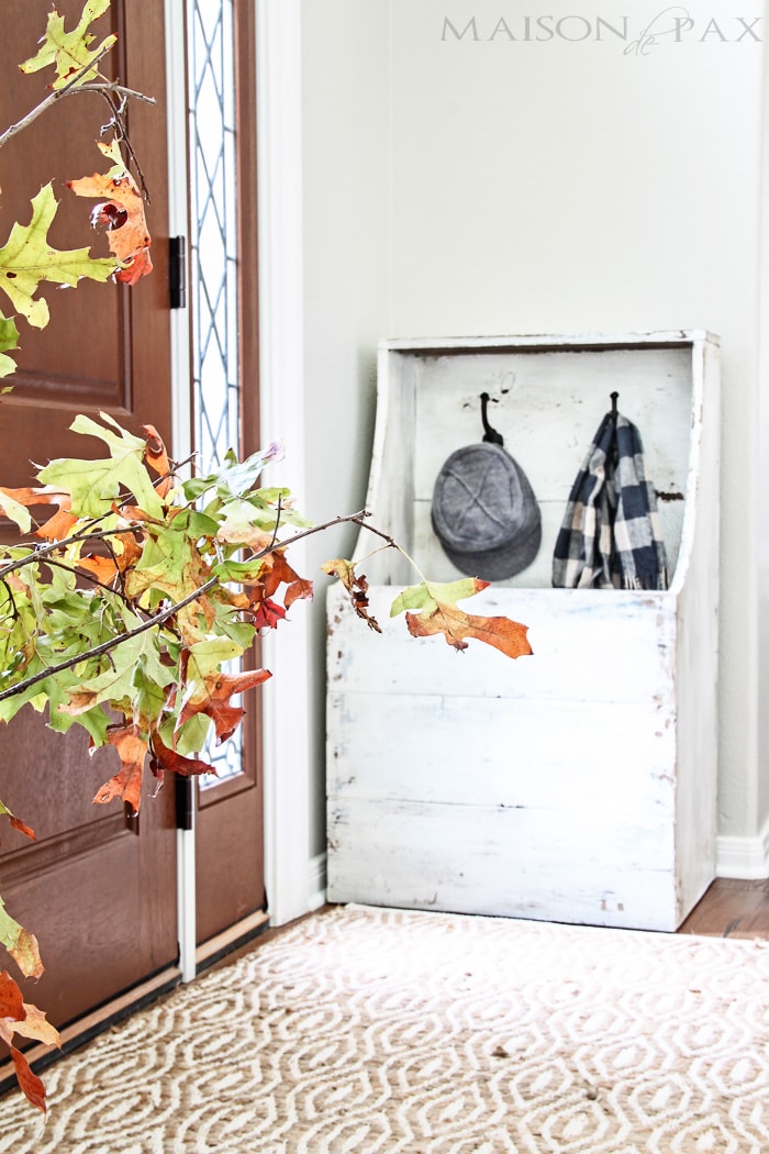 gorgeous, functional entryway with an antique wood firebox used as a mini mudroom... get the plans to build this diy planked "antique" firewood box here! | maisondepax.com