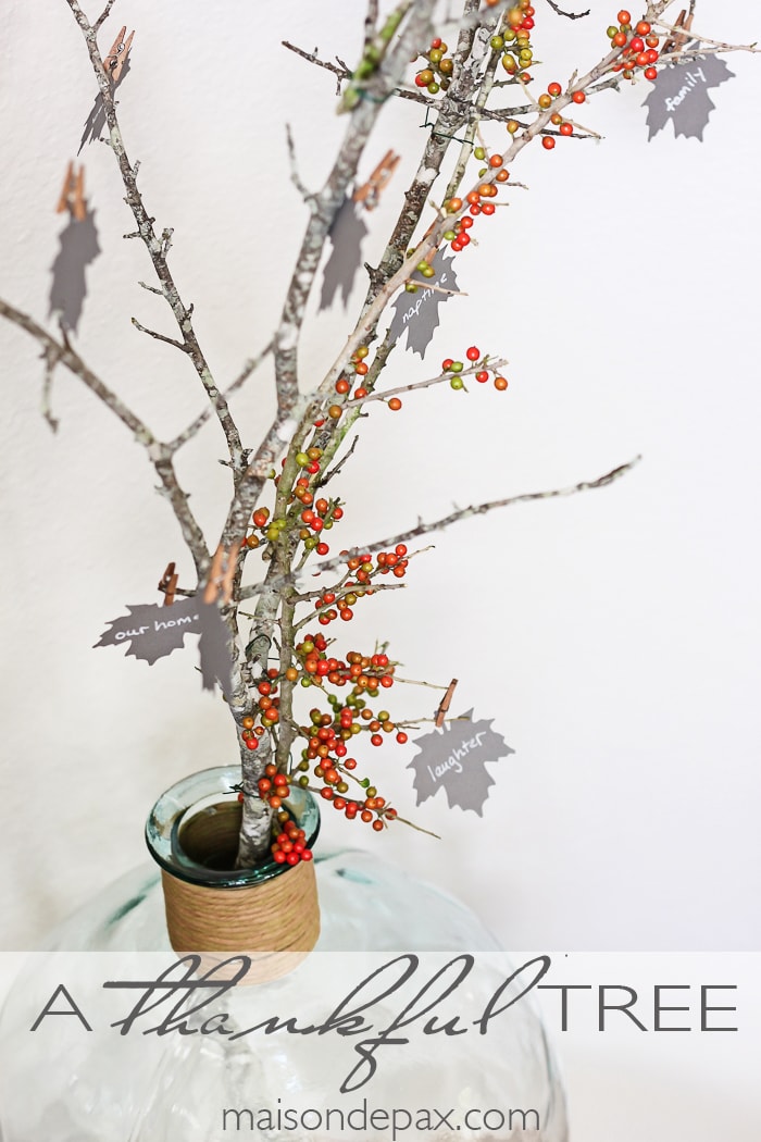 I love this Thanksgiving project idea! A Thankful Tree uses simple card stock leaves to help you and your family count your blessings each November | maisondepax.com