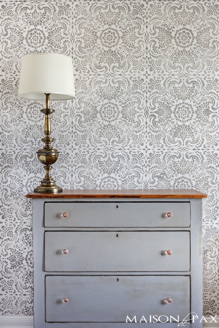gorgeous gray and white lace tile stencil: Esperanza Lace from Royal Design Studio with a mix of Paris Gray and French Linen over Behr's Cameo White | maisondepax.com