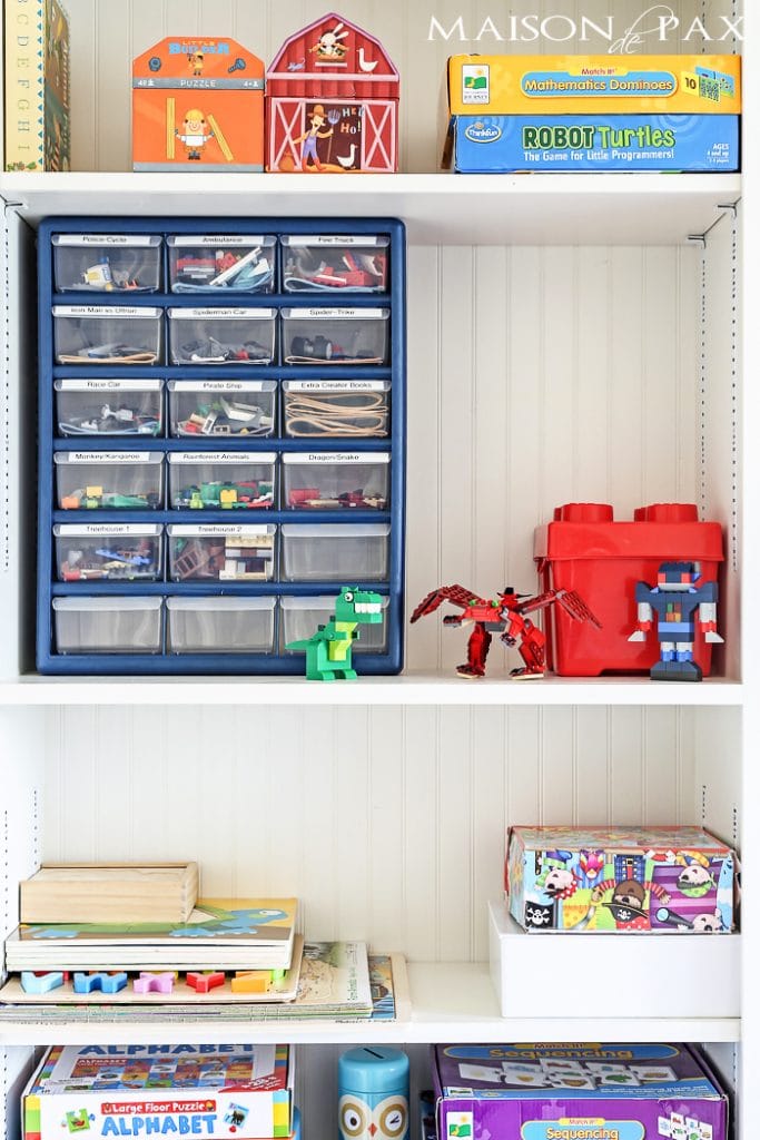 Little plastic drawers coral different Lego sets for organizing toys- Maison de pax