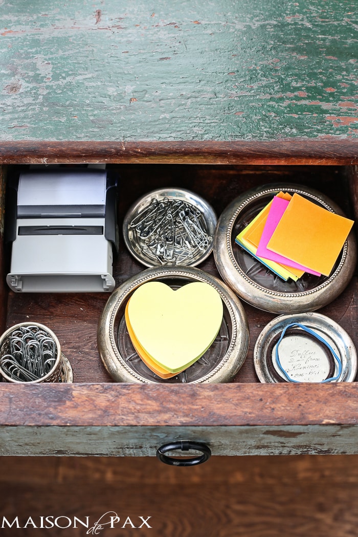 tip for functional desk storage: use small containers like this vintage silver to subdivide your drawers | maisondepax.com