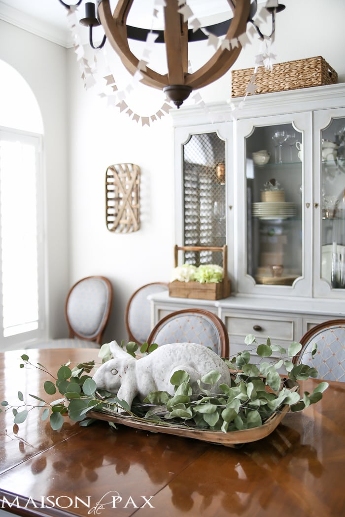 Ideas for Easter Decorating: gorgeous neutral dining room with rustic touches and a wine barrel chandelier | maisondepax.com