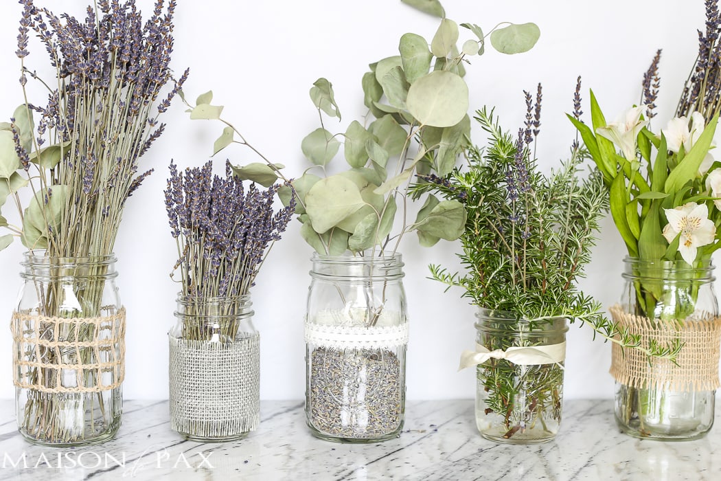 beautiful - I love all the burlap and ribbons! Mason jars with dried lavender make easy and gorgeous centerpieces for home, parties, weddings, or baby showers | maisondepax.com