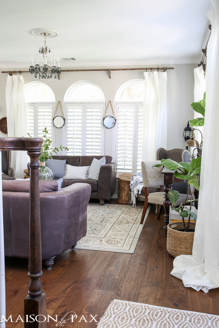Living room with DIY Curtain Rods- Maison de Pax