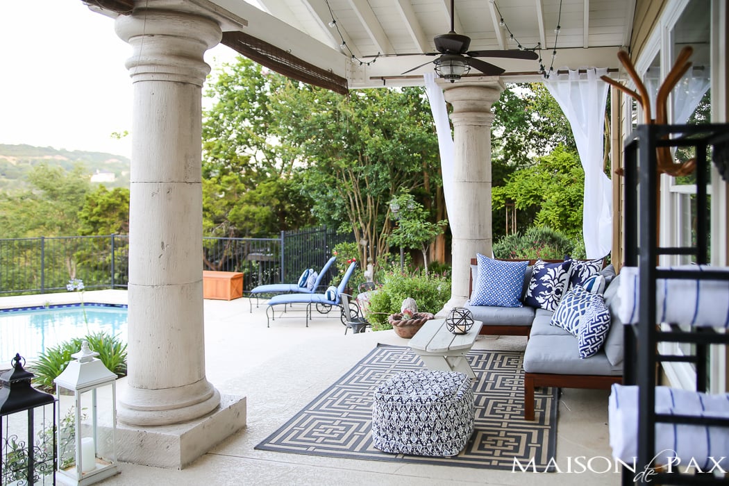 Outdoor Decorating Tips: choose an affordable, flat weave outdoor rug to bring pattern and ground the space
