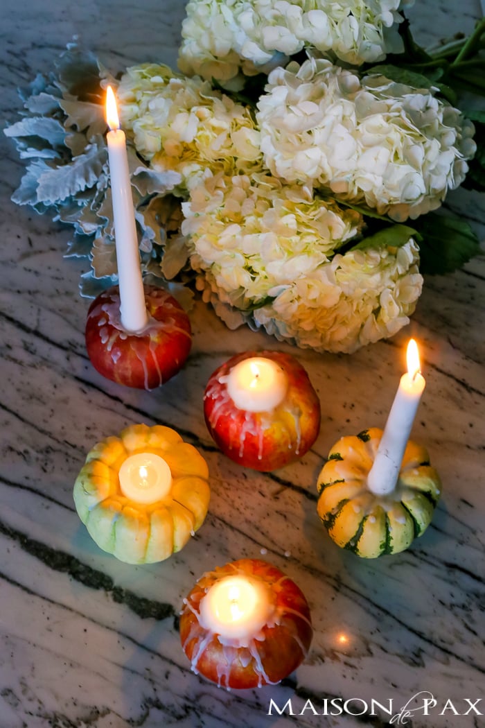 Fall table setting with pumpkins, apples, and hydrangeas- Maison de Pax