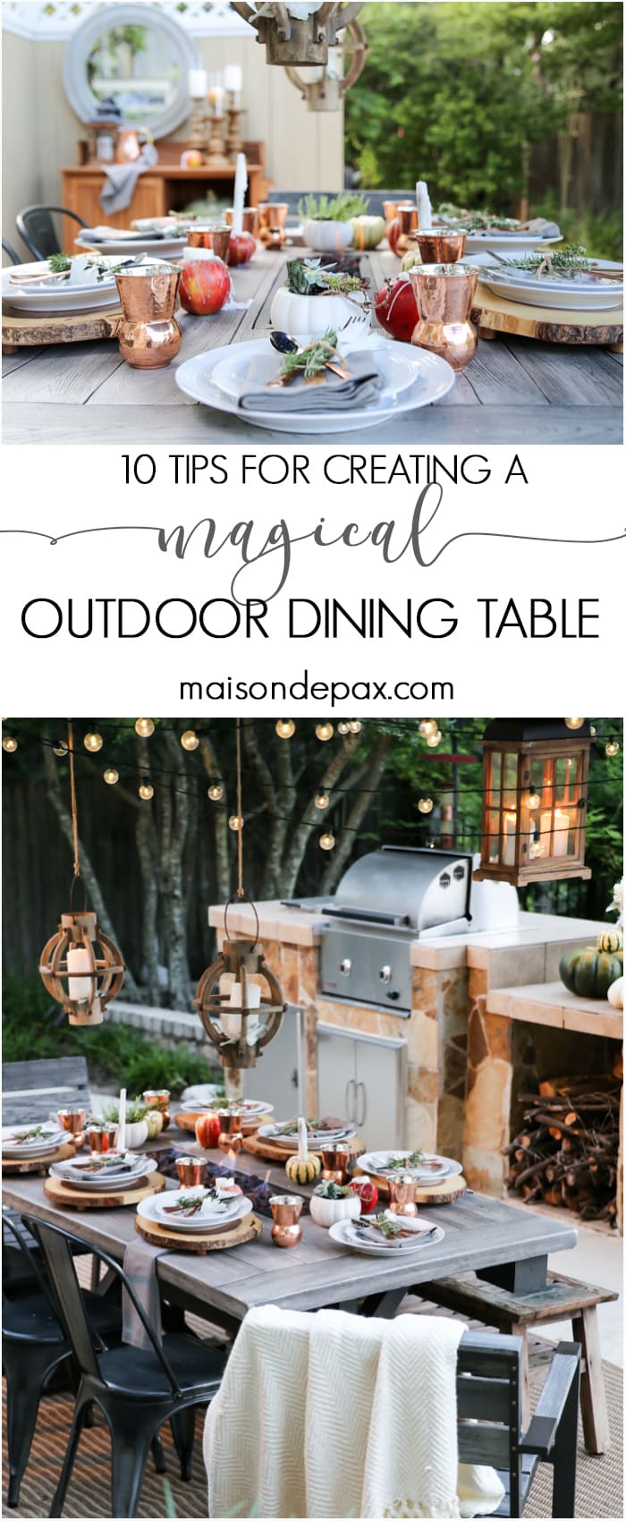 10 tips for a magical outdoor dining table: lanterns, string lights, apple candles, and other cozy outdoor fall decorating ideas!