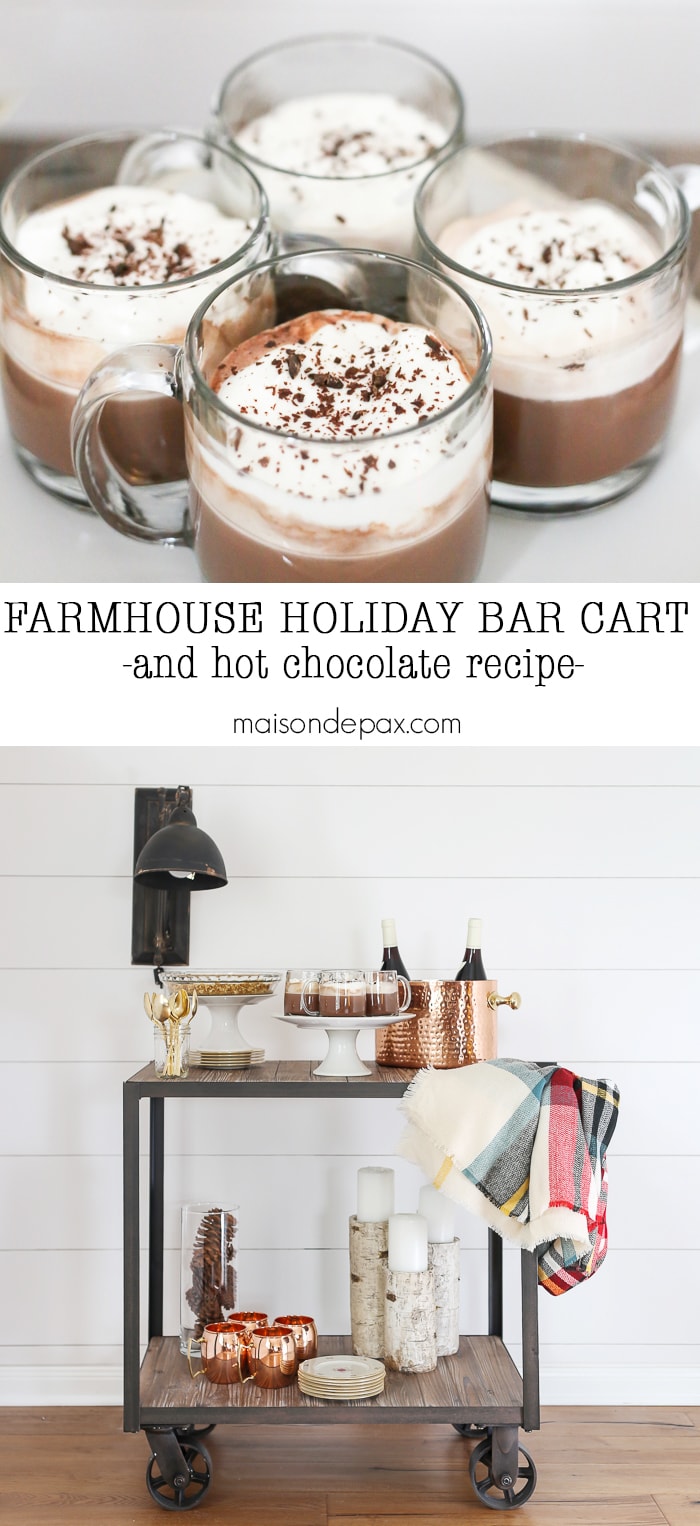 Farmhouse Holiday Bar Cart: check out this gorgeous holiday drink and dessert cart... A delicious spiked hot chocolate recipe and so many cute bar cart decorating ideas!