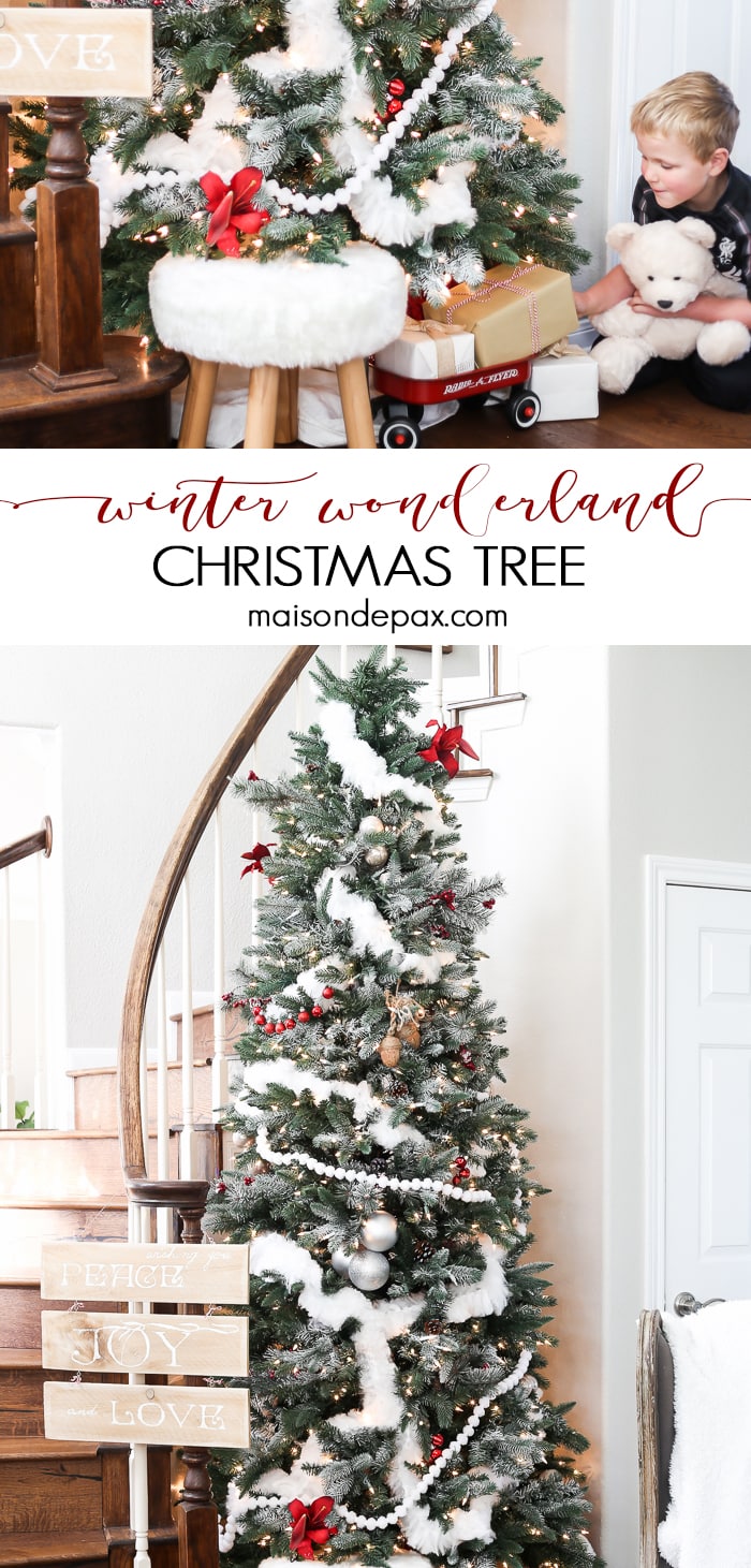 Love this red and white winder wonderland Christmas tree! And you'll never believe what that white garland is...