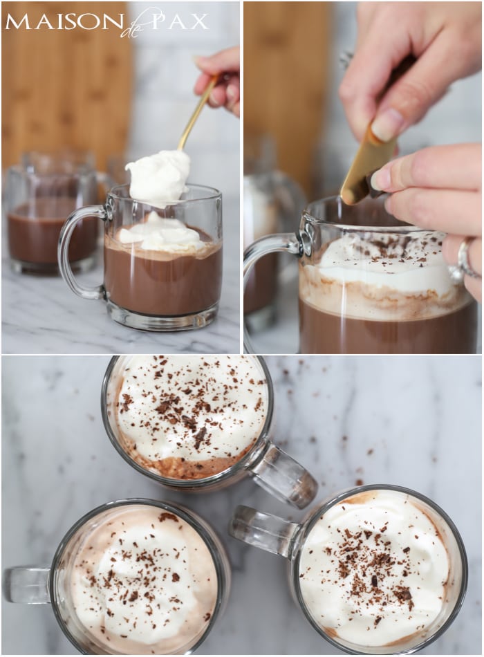 Delicious adult alcoholic hot chocolate! This hot chocolate is laced with Brandy and Amaretto for a delicious, grown up holiday treat. Get the recipe!