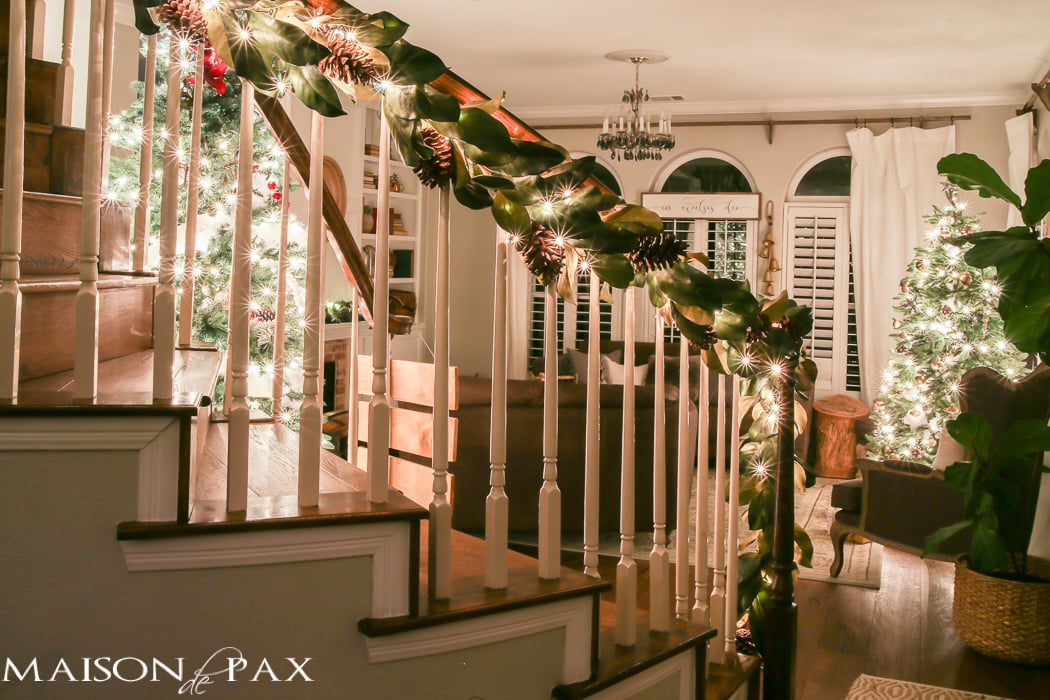 Stairs decorated for Christmas- Maison de Pax