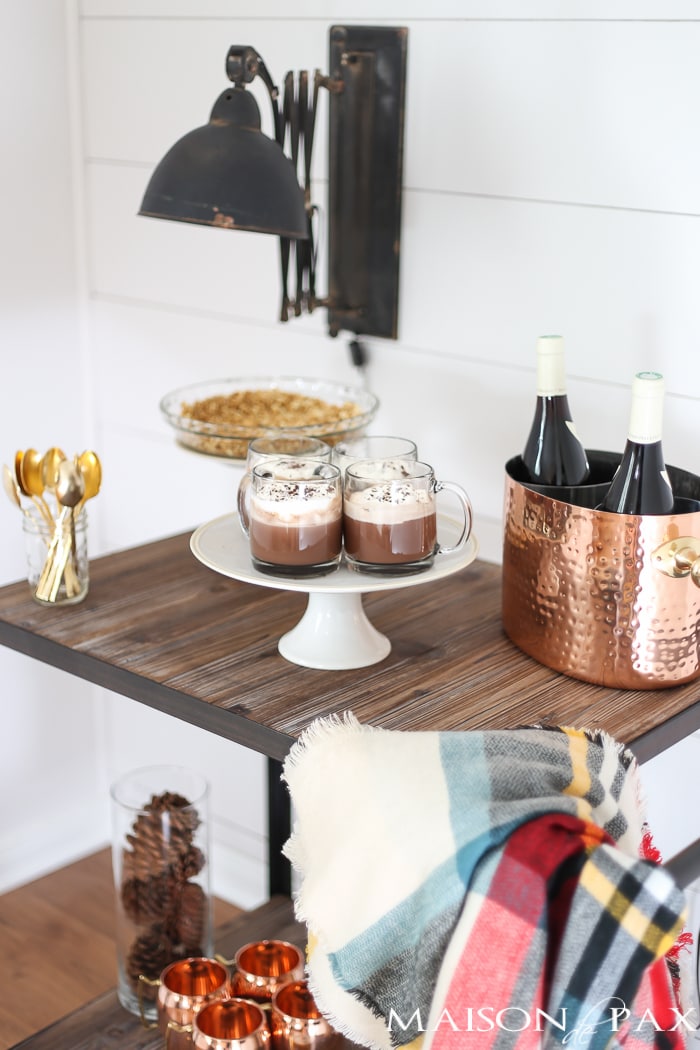 Farmhouse Holiday Bar Cart: check out this gorgeous holiday drink and dessert cart... A delicious spiked hot chocolate recipe and so many cute bar cart decorating ideas!