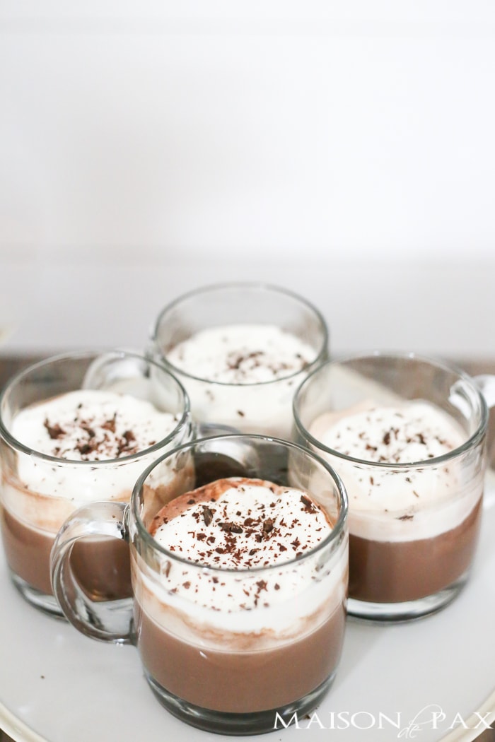 Delicious adult hot chocolate! This hot chocolate is laced with Brandy and Amaretto for a delicious, grown up holiday treat. Get the recipe!