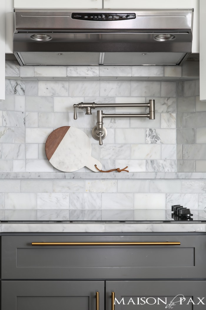 Gray And White Marble Kitchen, Honed Marble Tile Backsplash