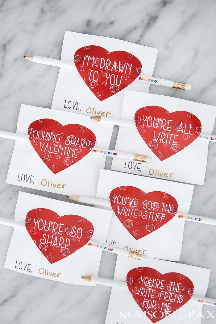 Adorable free printable valentines! These witty little candy-free valentines go on a pencil and come in 6 different sayings and 2 different colors!