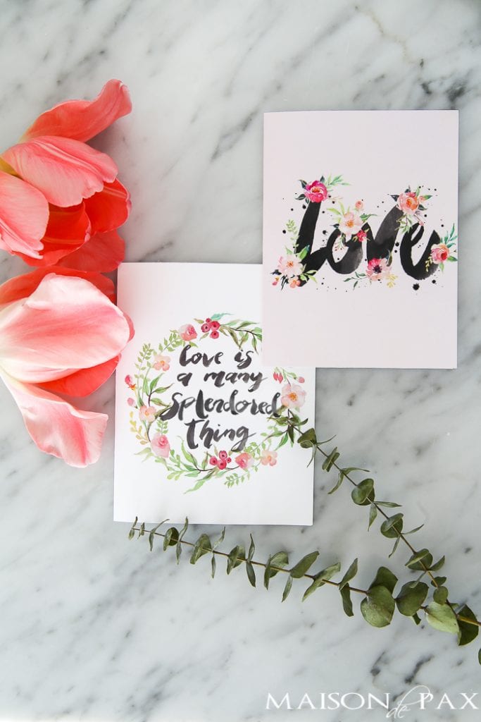 free printable watercolor floral art valentine's day cards- Maison de Pax