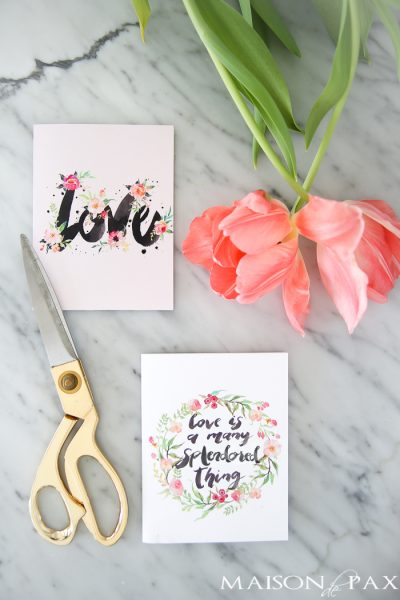 These free printable valentines cards celebrate love in watercolor. Use them to write a note to your loved one or simply to hang on the wall.