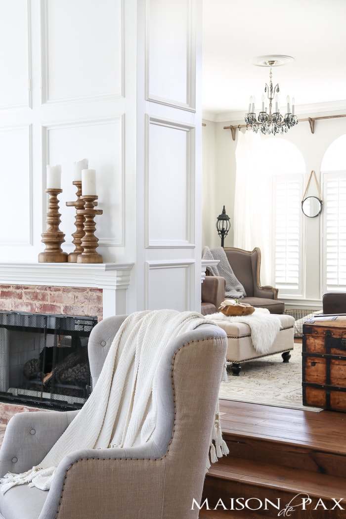 White fireplace and modern farmhouse living room- Maison de Pax