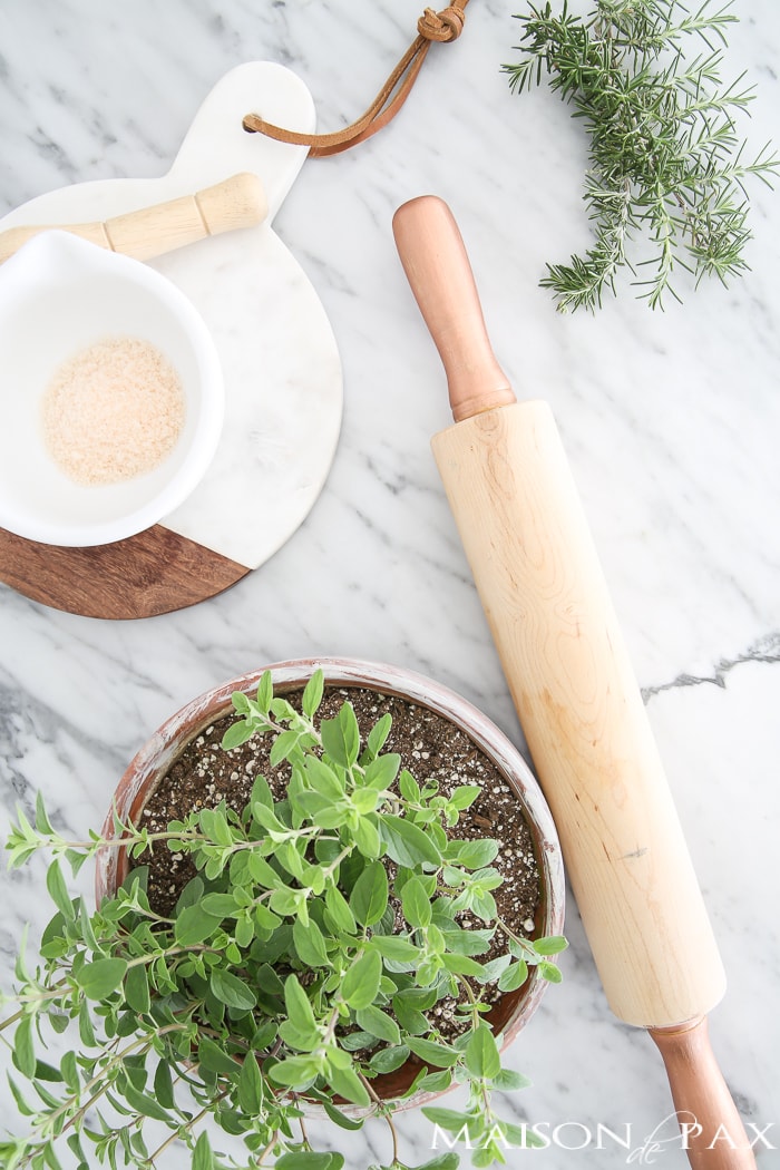 Wooden rolling pin and Modern farmhouse flat lay with plant- Maison de Pax