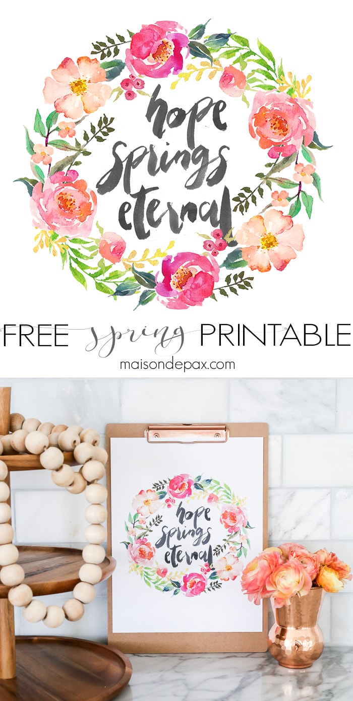 Free Spring Printable! "Hope Spring Eternal" - this watercolor inspirational saying is perfect for spring decor. Click to download your own copy and find 29 other free spring printables!