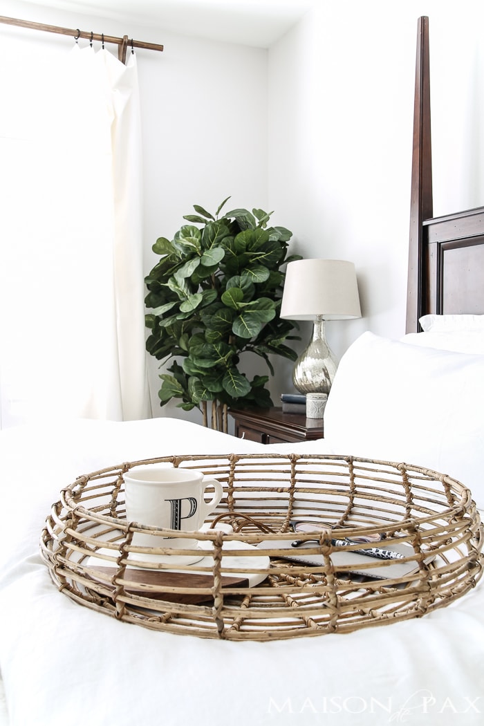 Relaxed, natural, neutral master bedroom with lots of white and touches of boho texture... the perfect retreat!