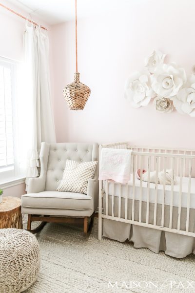 Looking for soft, feminine, modern nursery decor? With tons of textured neutrals and copper accents, this blush nursery is both sweet and sophisticated. Get ideas and inspiration for DIY projects and sources for your little girl's nursery!