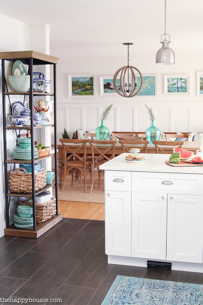 A Happy Kitchen: such a gorgeous aqua and white kitchen with beautiful, white counters and many diy elements