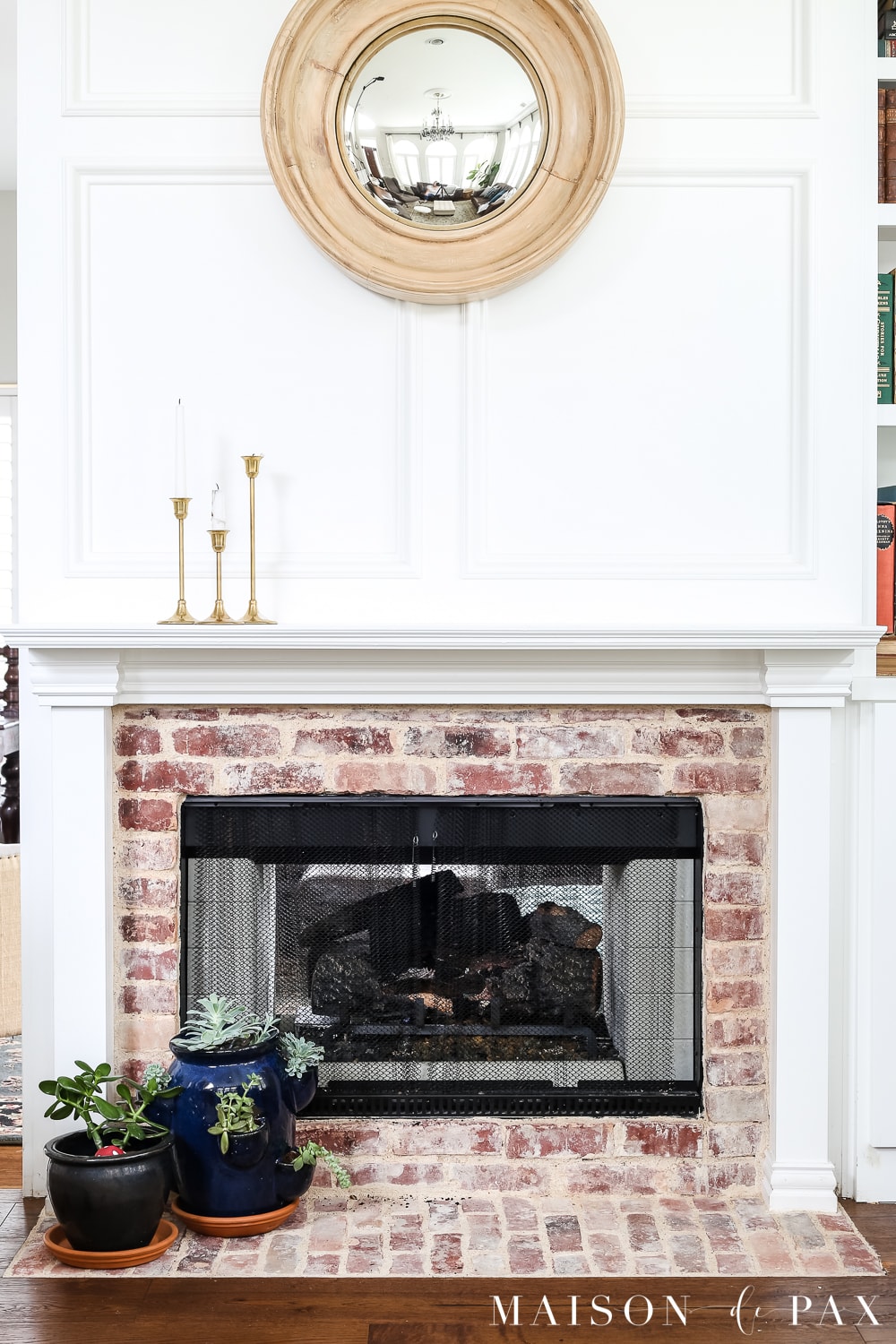 White painted fireplace with antique brick- Maison de Pax