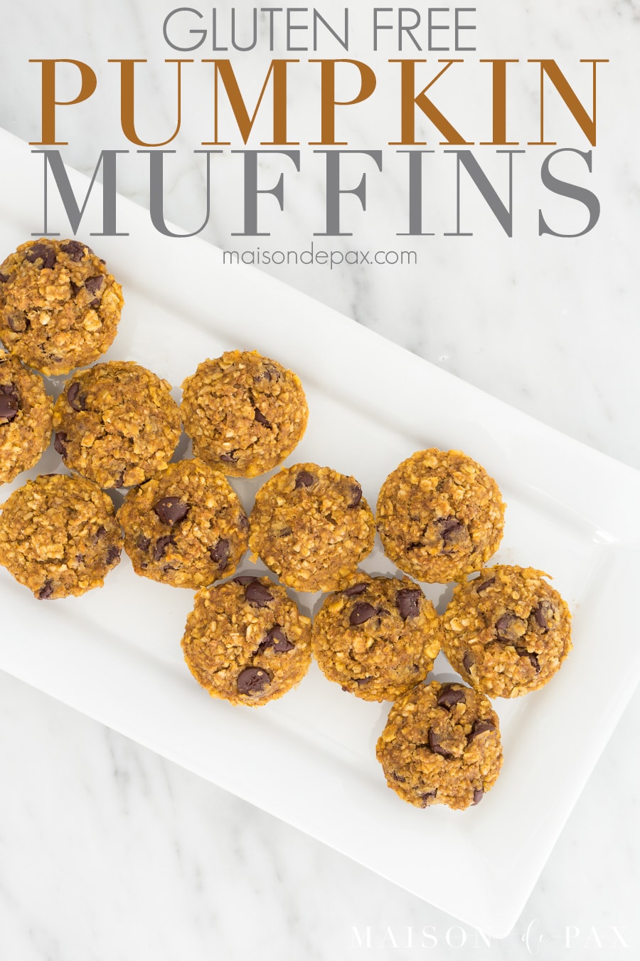 Gluten free pumpkin muffins with chocolate chips recipe: Made with applesauce and a touch of maple syrup for sweetening, oat flour, and pumpkin, these are packed with delicious flavor and nutritious ingredients #gf #glutenfree #pumpkinspice #fallrecipe #pumpkinrecipe #pumpkinmuffins #breakfast #gfbreakfast