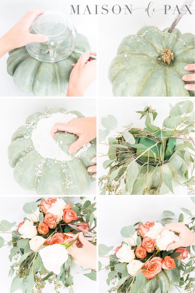 step by step images for turning a pumpkin into a base for fresh flowers