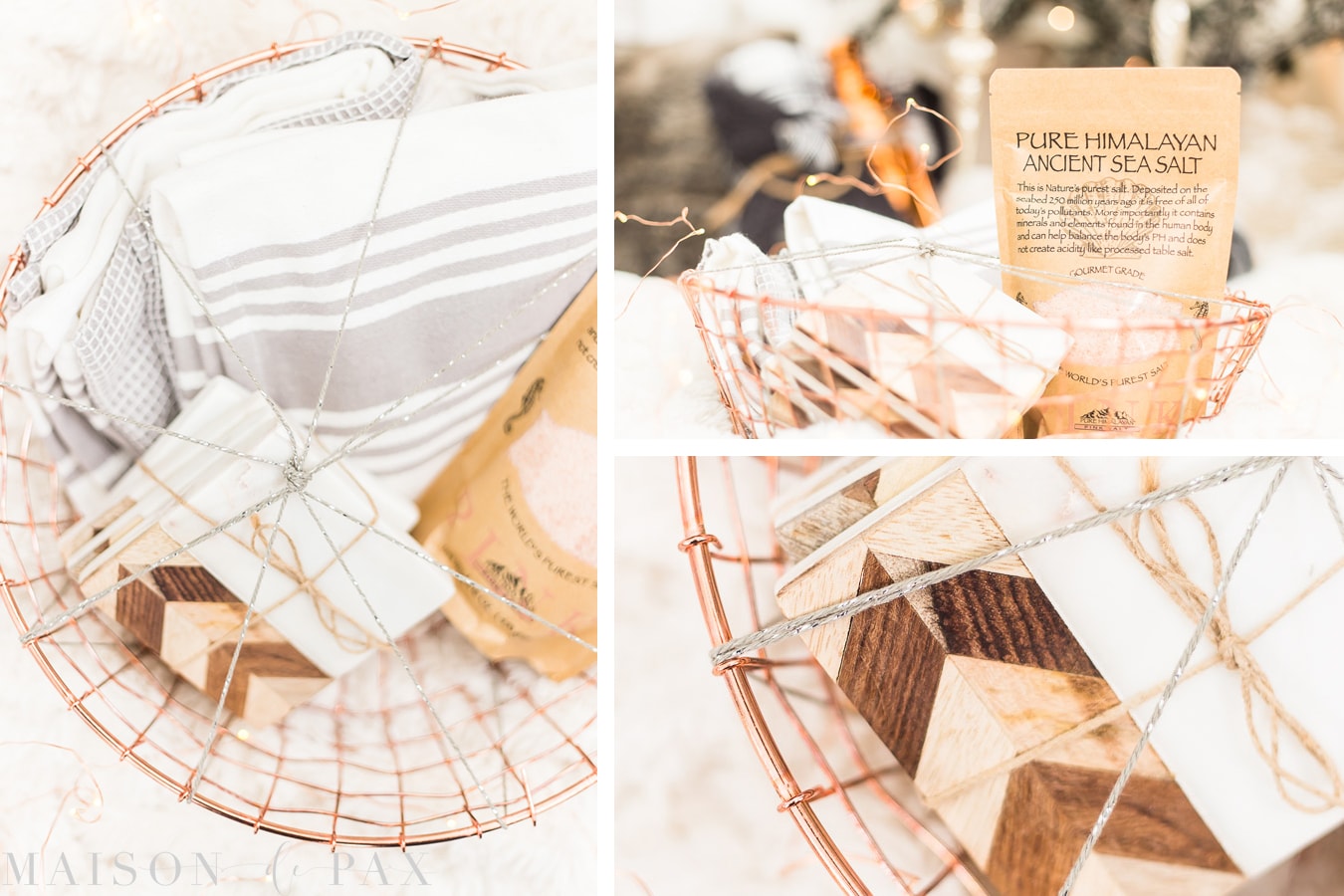 close ups of dish towels, wooden coasters, and sea salt in a gift basket