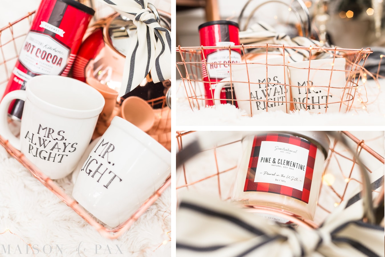 hot cocoa mix, candle, mugs, and copper tea kettle in a gift basket
