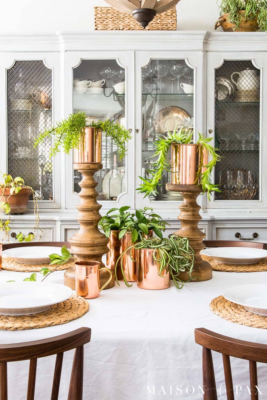 Spring Table with Copper, Succulents, and Hanging Plants