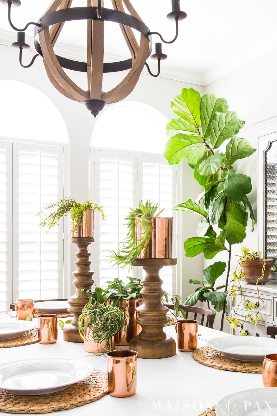 fiddle leaf fig and other plants decorating dining room | Maison de Pax