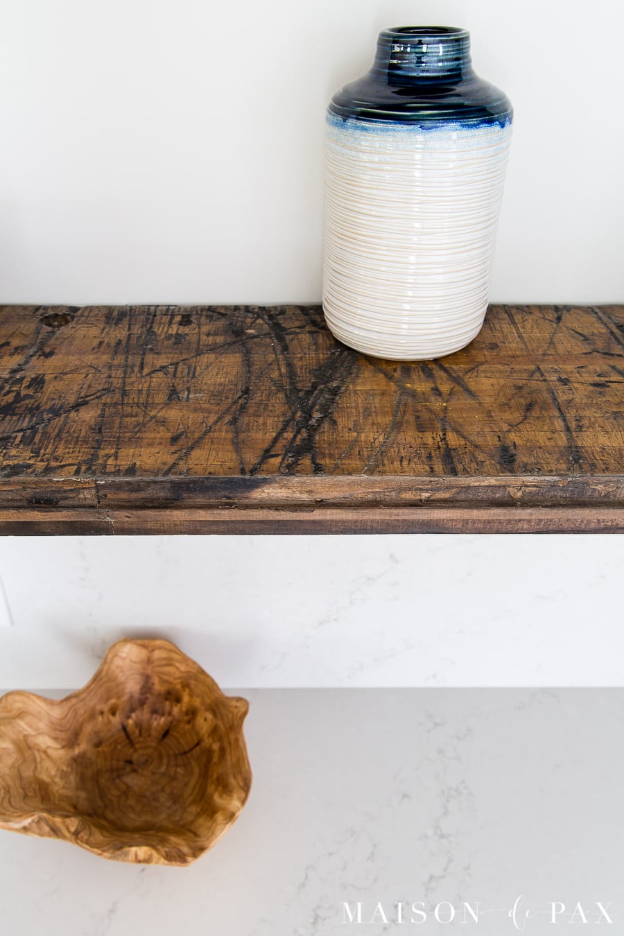 rustic reclaimed wood planks as open shelves in kitchen | Maison de Pax