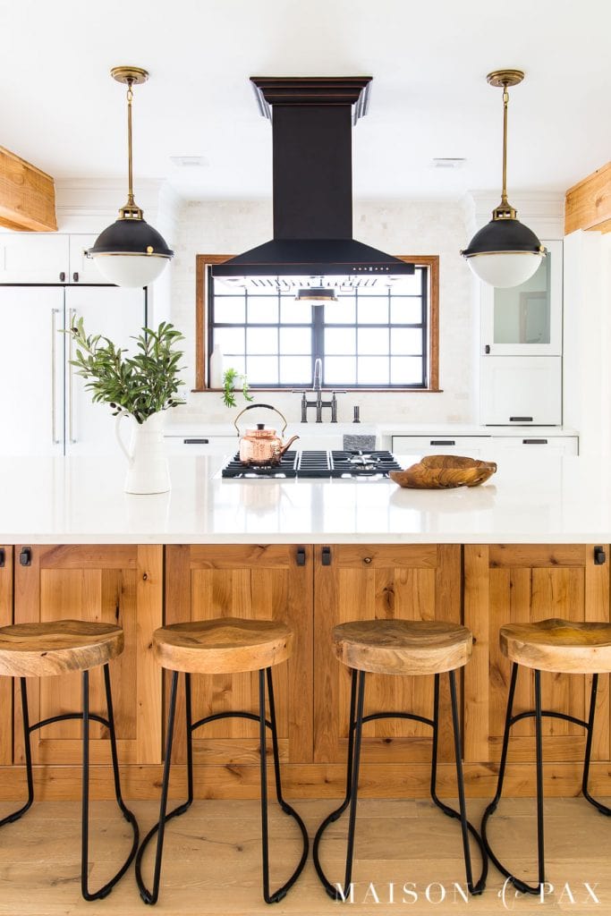 modern farmhouse kitchen with black, white, and wood | Maison de Pax