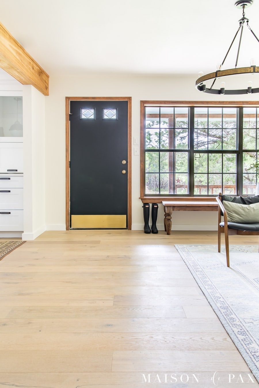 wide plank floors in modern farmhouse living room | Maison de Pax